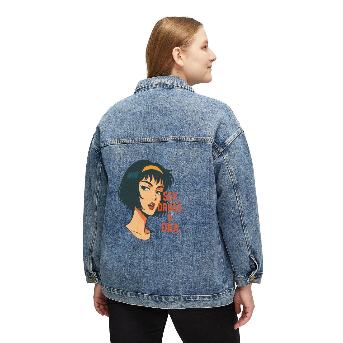 Trendy Women's Denim Jacket with Unique Graphic Print, Casual Outerwear, Adjustable Fit, Vintage Style, Perfect for Spring and Fall