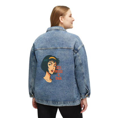 Trendy Women's Denim Jacket with Unique Graphic Print, Casual Outerwear, Adjustable Fit, Vintage Style, Perfect for Spring and Fall