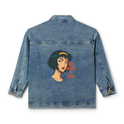 Trendy Women's Denim Jacket with Unique Graphic Print, Casual Outerwear, Adjustable Fit, Vintage Style, Perfect for Spring and Fall