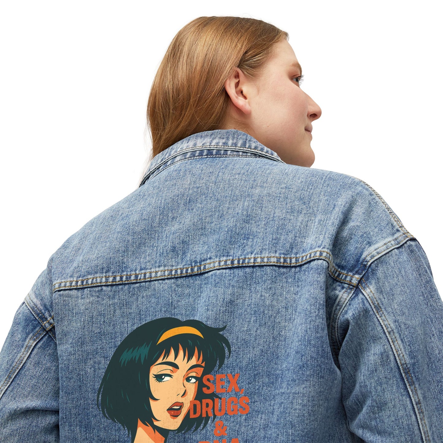 Trendy Women's Denim Jacket with Unique Graphic Print, Casual Outerwear, Adjustable Fit, Vintage Style, Perfect for Spring and Fall