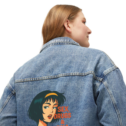 Trendy Women's Denim Jacket with Unique Graphic Print, Casual Outerwear, Adjustable Fit, Vintage Style, Perfect for Spring and Fall